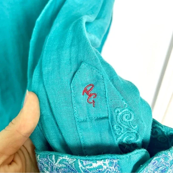 Robert Graham 100% Linen Embroidered Flip Cuff Blue Men's Button-Up Shirt Sz XL - Picture 8 of 16